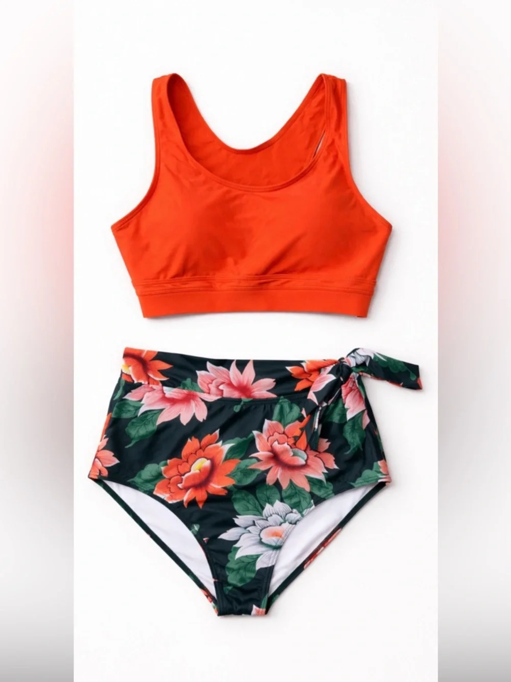 Tropical Bikini Set Size Large | Orange Crop Top & Floral High Waisted Bottoms